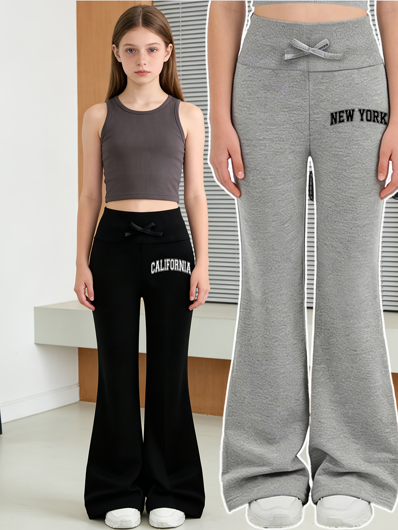 Girls Letter Print Sporty Flare Pants Spring Summer - 图片 3