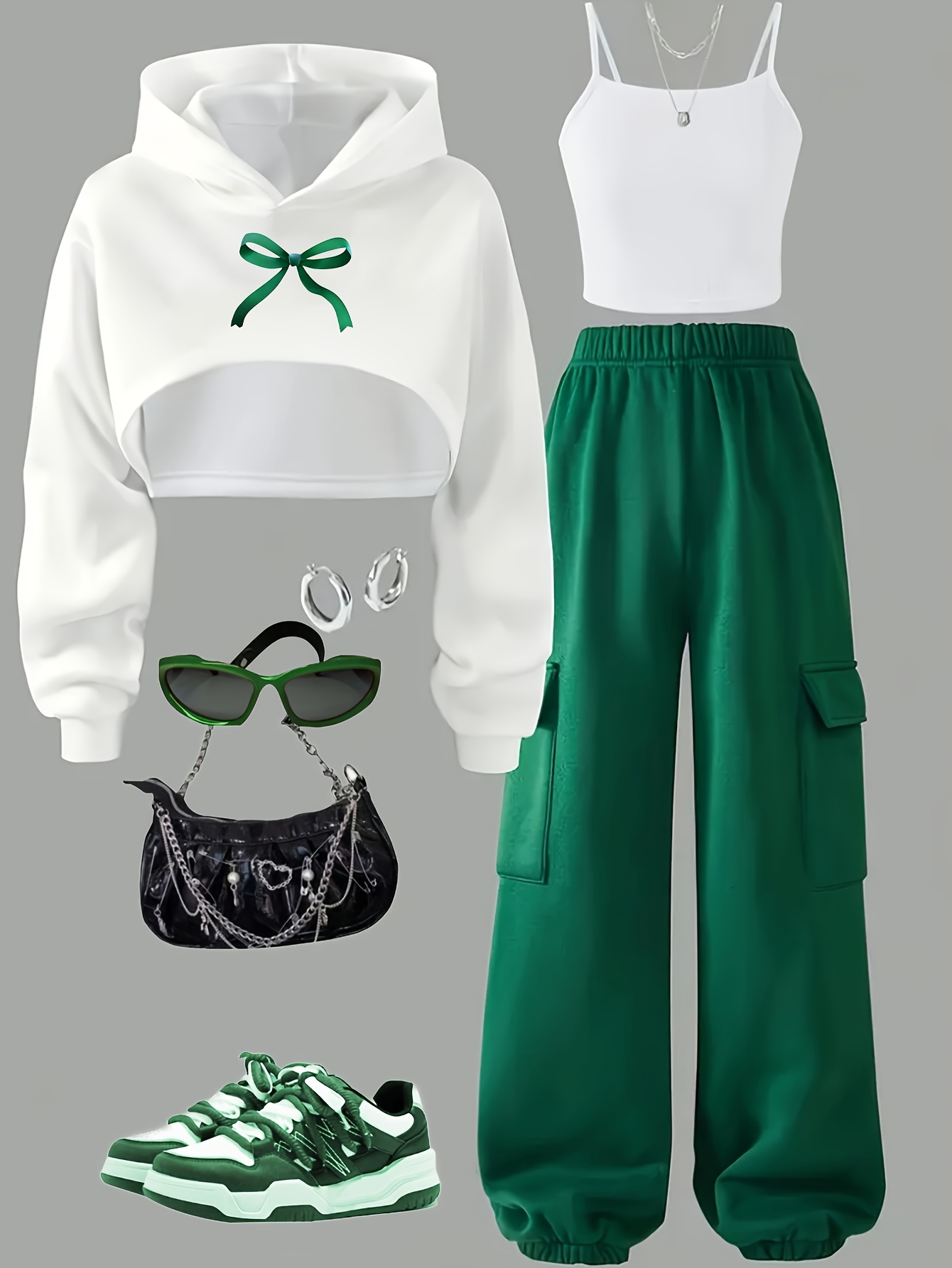 Girls Bow Print Streetwear Hoodie Cami Jogger Pants 3-Piece Set Spring Summer - 图片 2