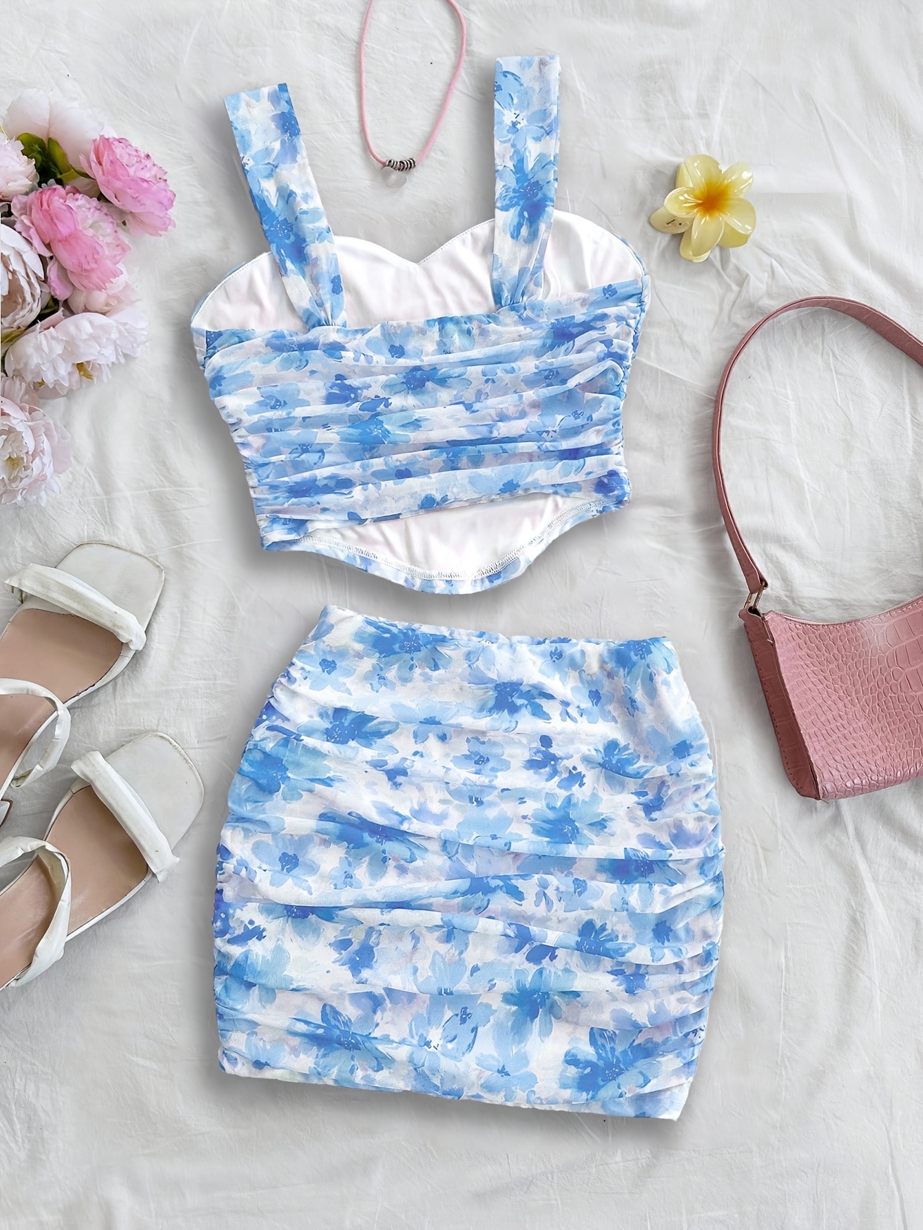 Girls Floral Boho Asymmetrical Top Skirt 2-Piece Set Summer - 图片 2