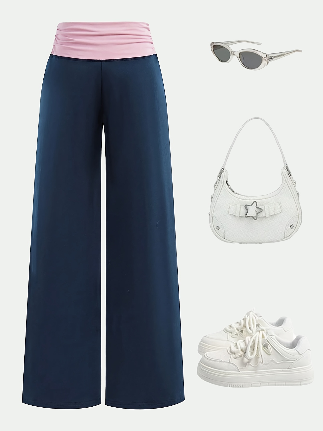 Girls Contrast Waist Streetwear Wide Leg Sweatpants Spring Summer - 图片 2