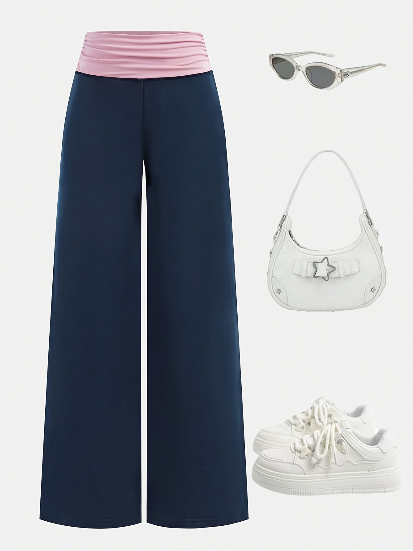 Girls Contrast Waist Streetwear Wide Leg Sweatpants Spring Summer - 图片 3
