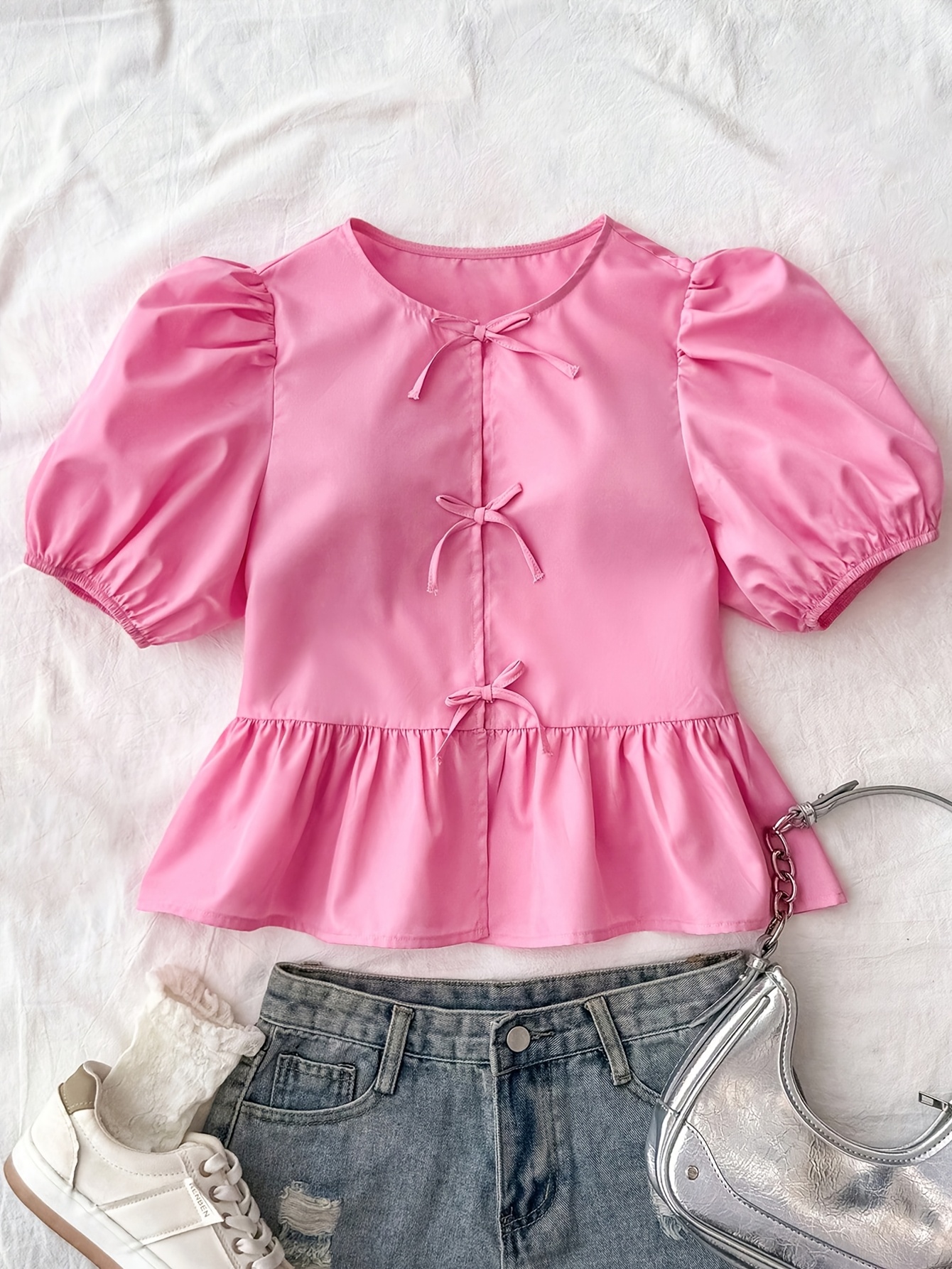 Girls Bow Solid Puff Sleeve Blouse Summer - 图片 2