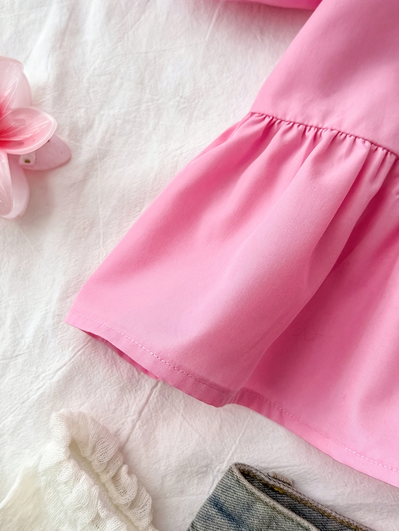 Girls Bow Solid Puff Sleeve Blouse Summer - 图片 6