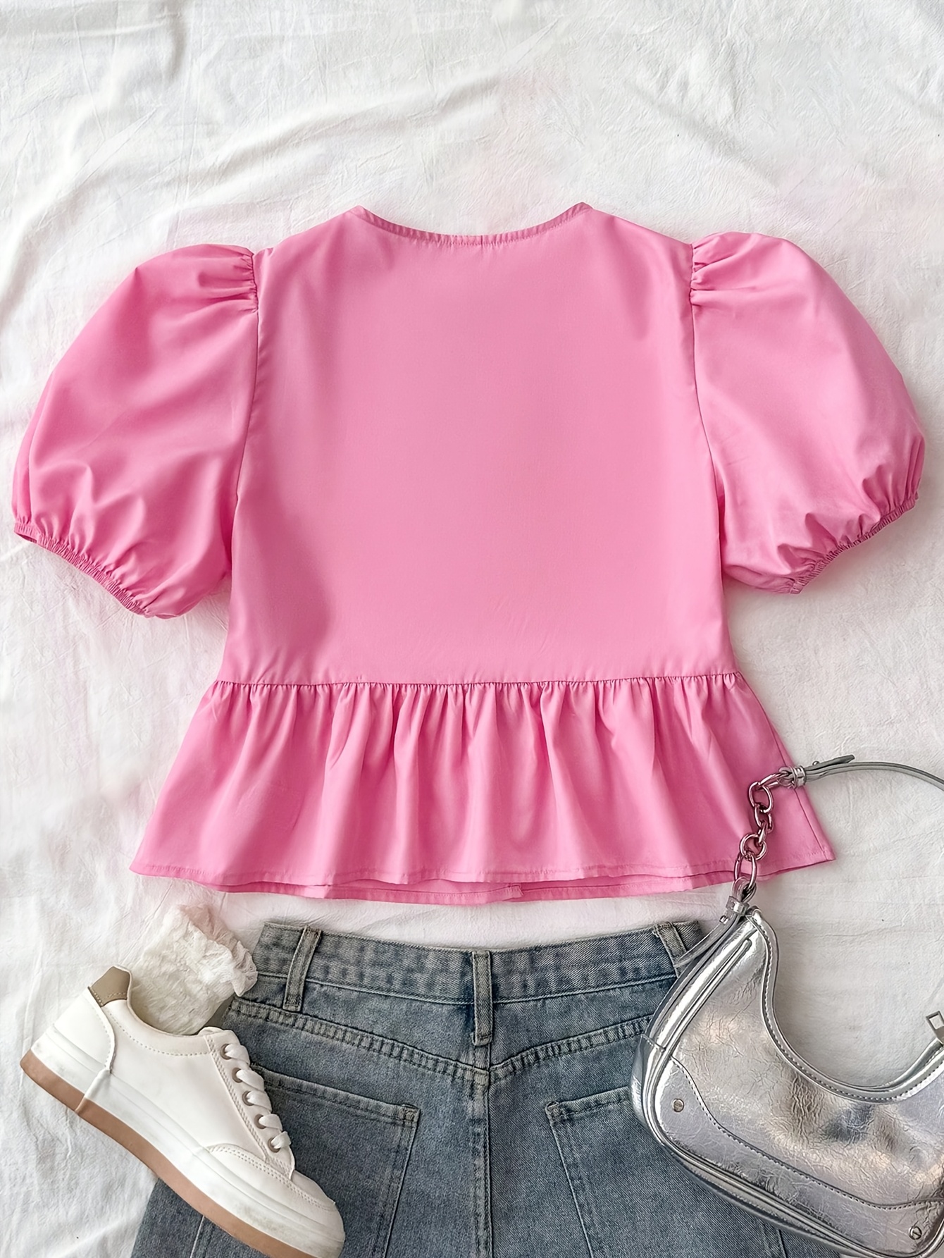 Girls Bow Solid Puff Sleeve Blouse Summer - 图片 3