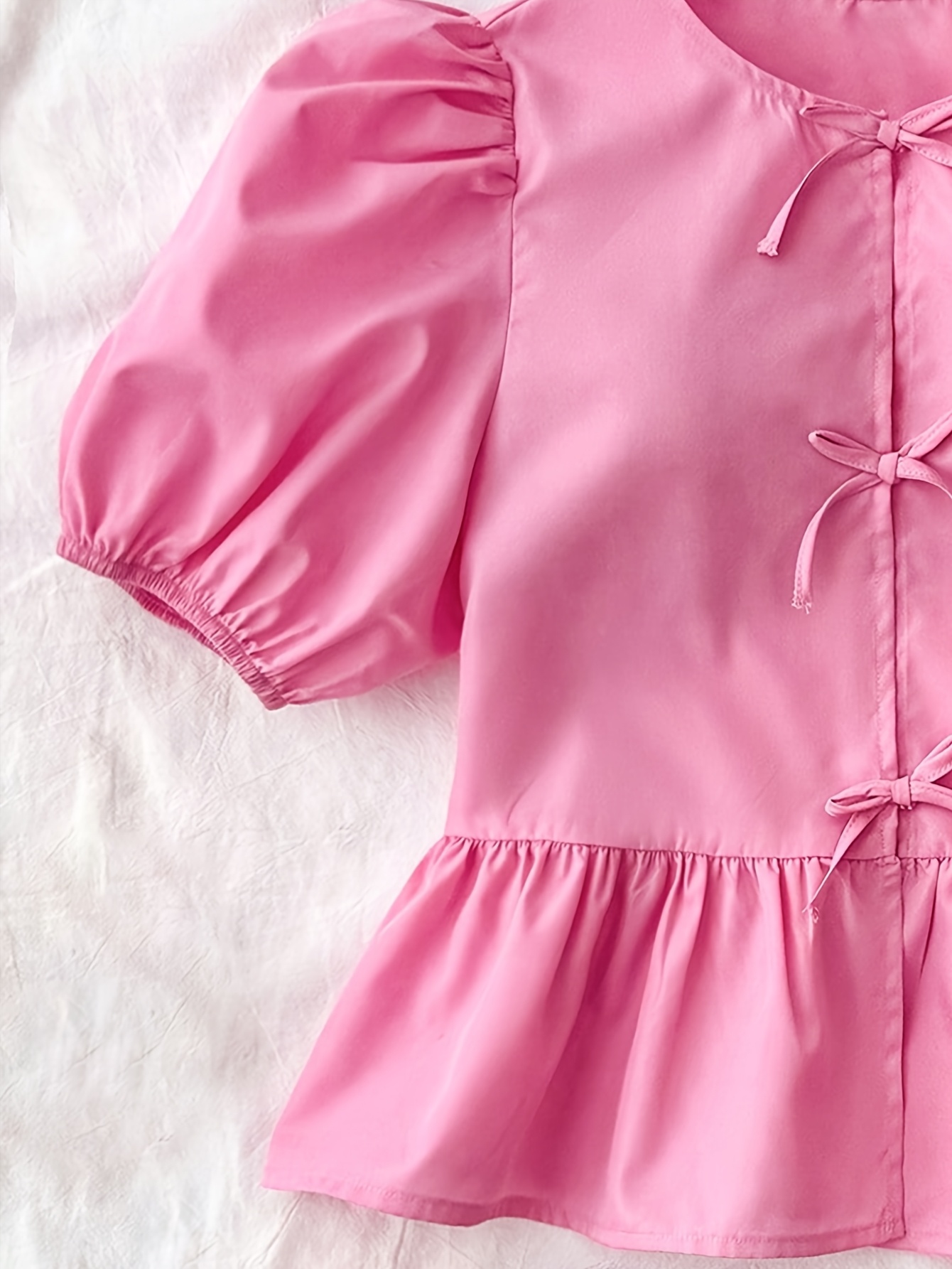 Girls Bow Solid Puff Sleeve Blouse Summer - 图片 4