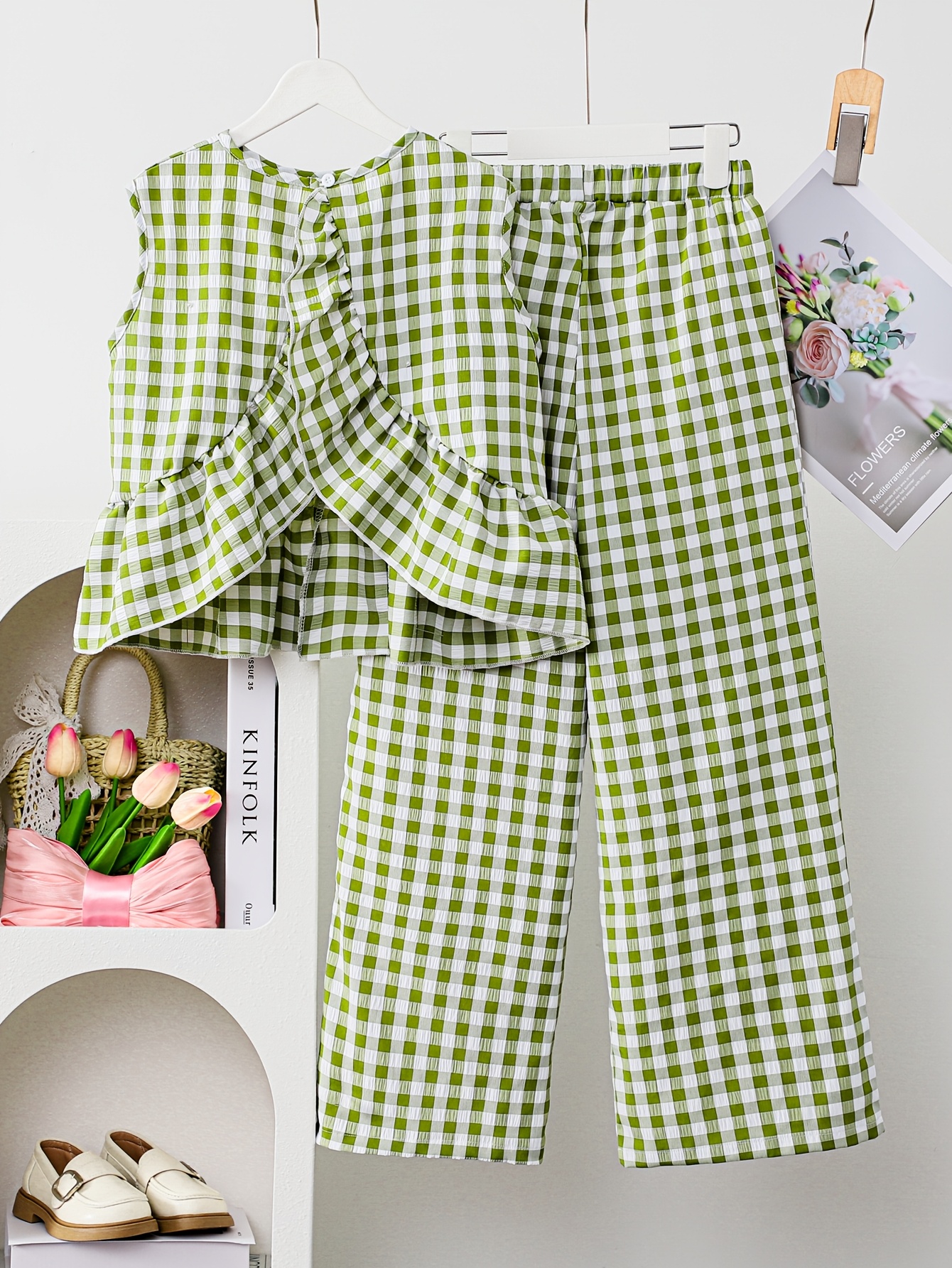 Girls Plaid Ruffle Plaid Sleeveless Top Pants 2-Piece Set Spring Summer - 图片 3