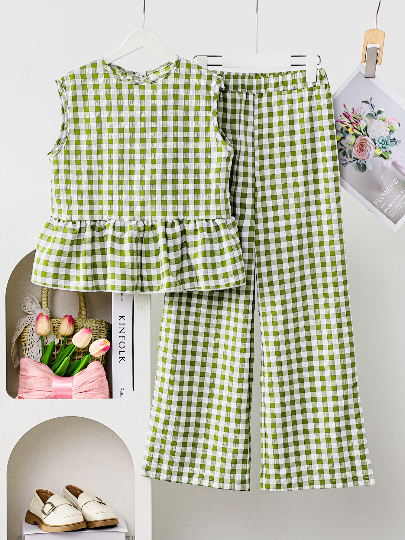 Girls Plaid Ruffle Plaid Sleeveless Top Pants 2-Piece Set Spring Summer - 图片 2
