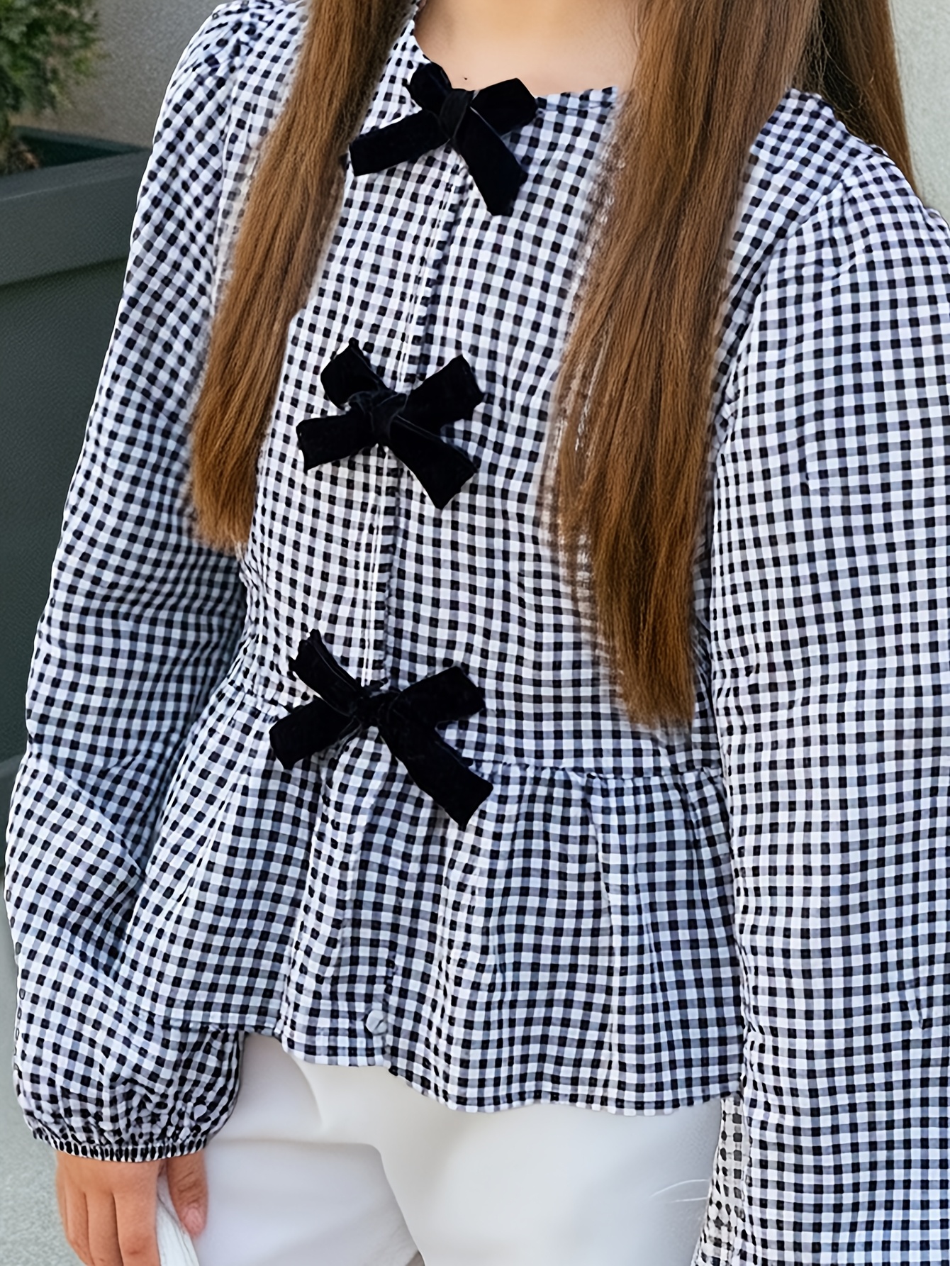 Girls Gingham Bow Puff Sleeve Top Spring Summer - 图片 5