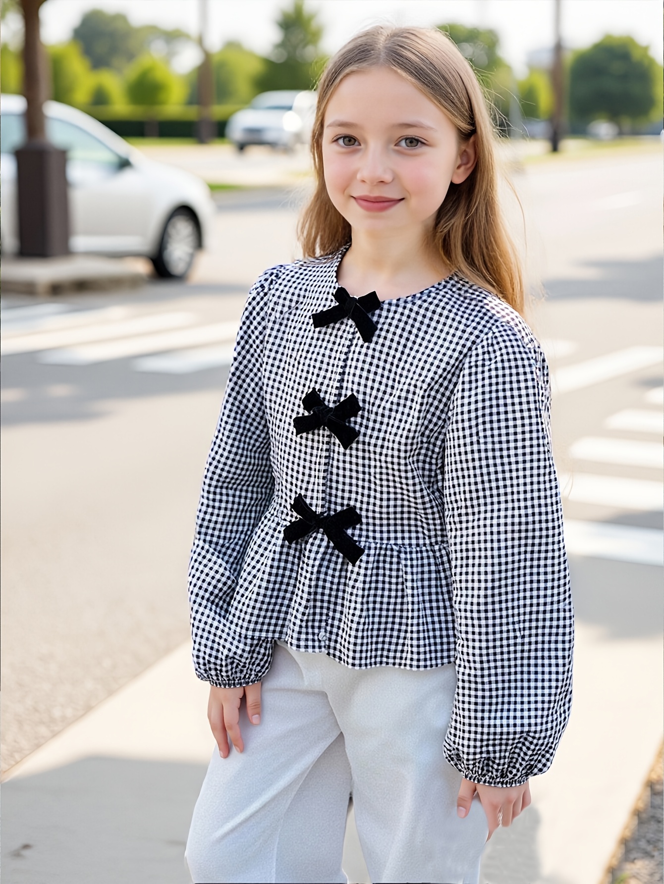 Girls Gingham Bow Puff Sleeve Top Spring Summer - 图片 4