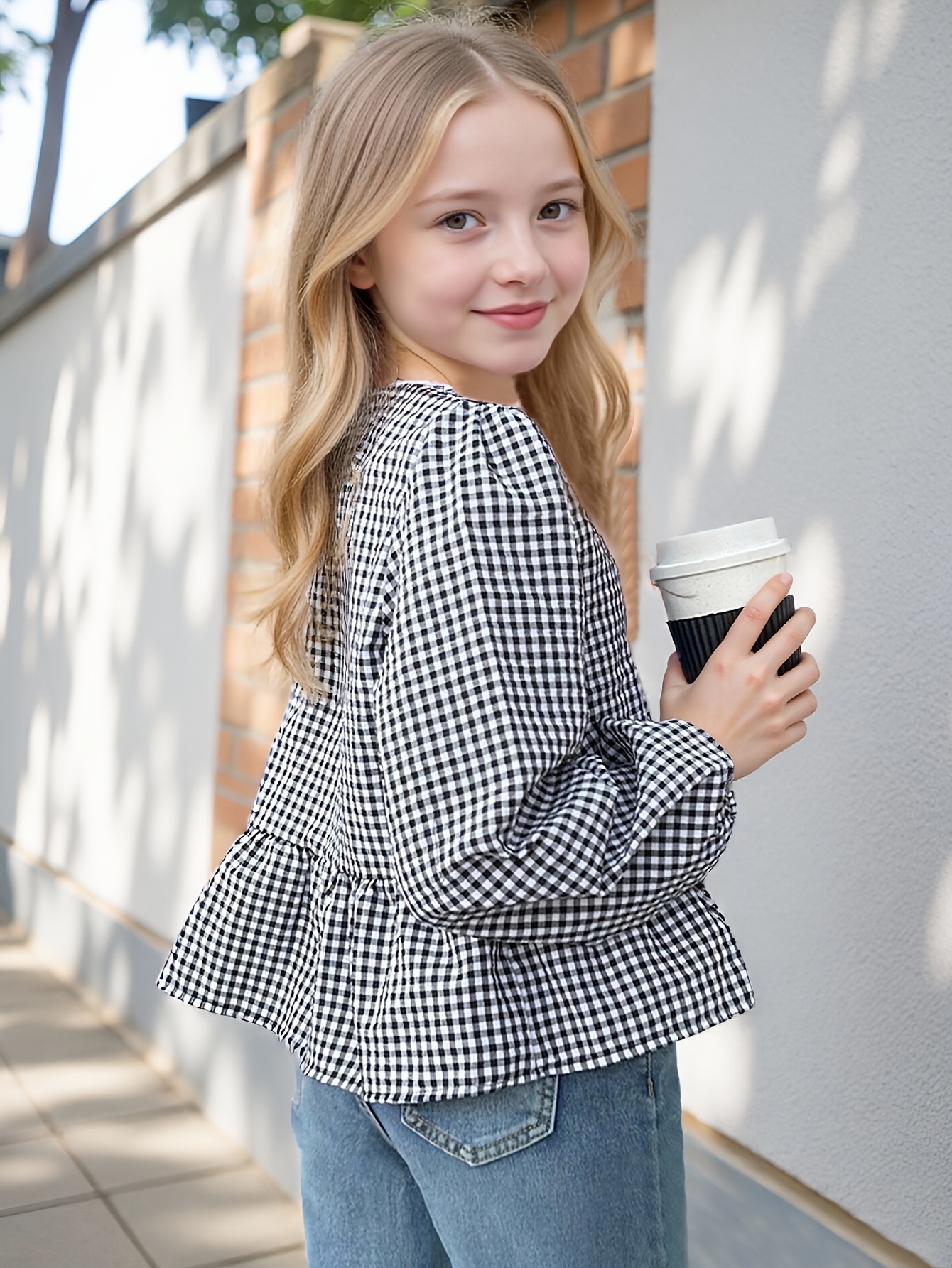 Girls Gingham Bow Puff Sleeve Top Spring Summer - 图片 3