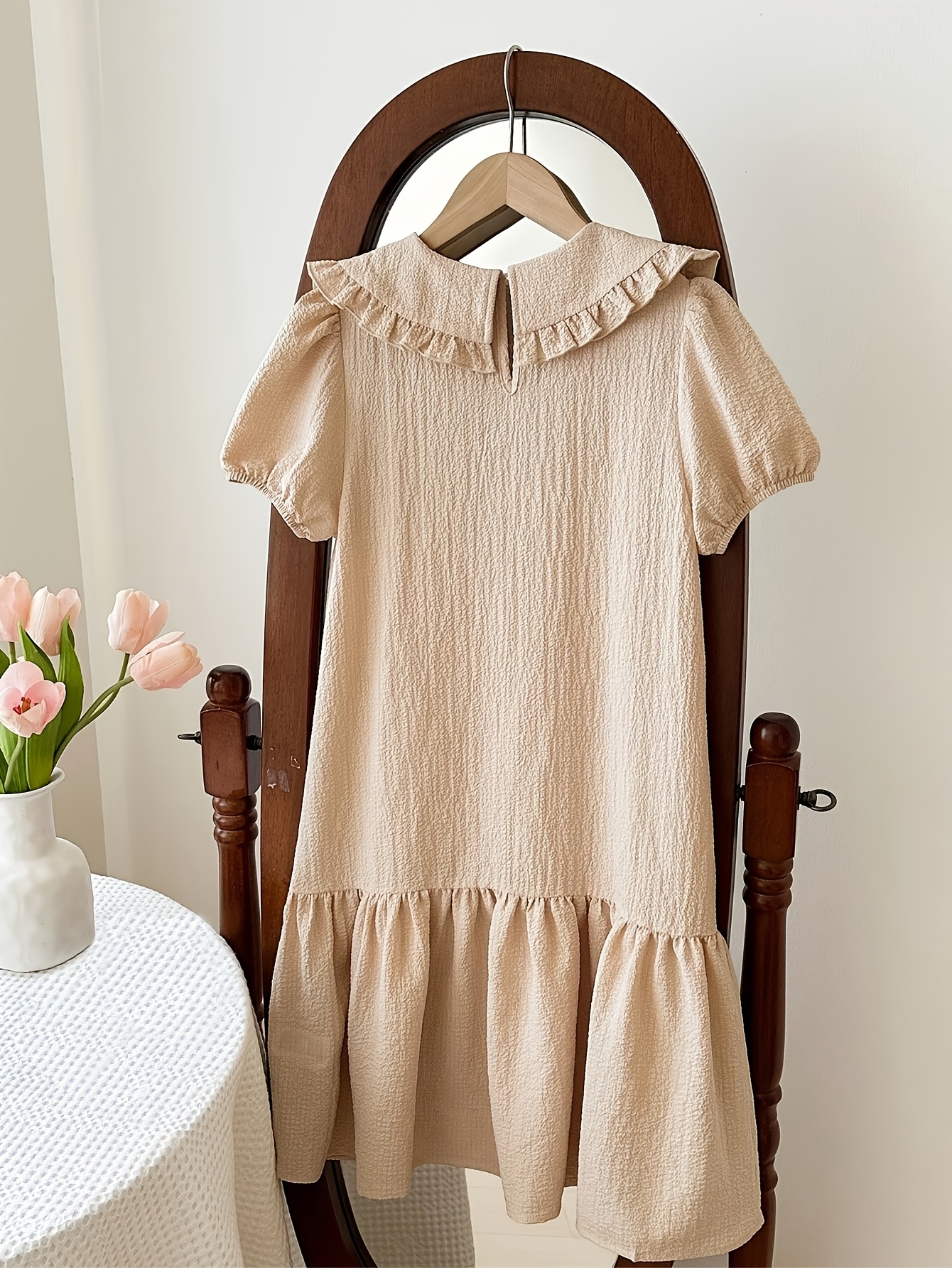 Girls Bow Doll Collar Puff Sleeve Dress Spring Summer - 图片 2