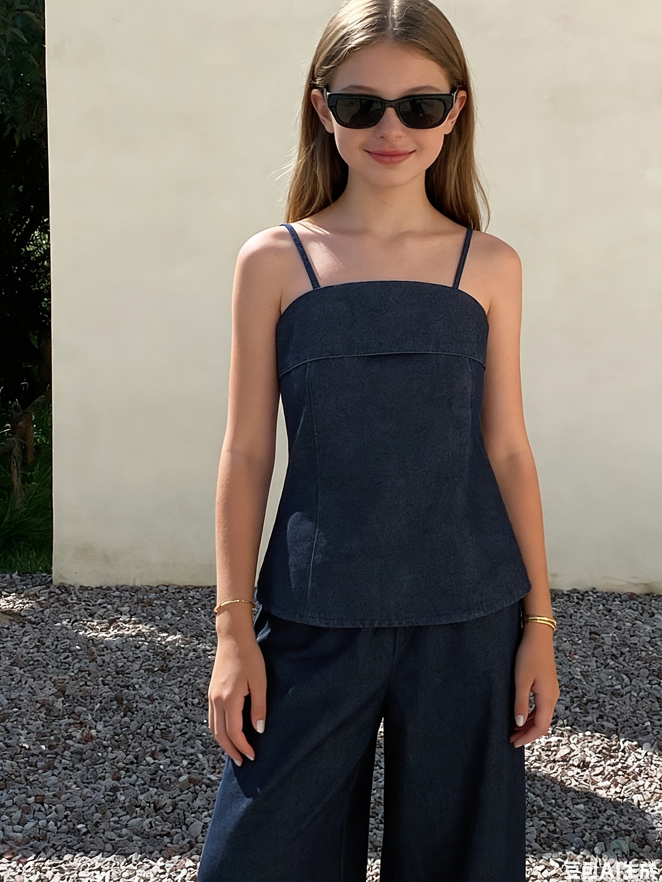 Girls Denim Wide Leg Denim Cami Jeans 2-Piece Set Spring Summer - 图片 2