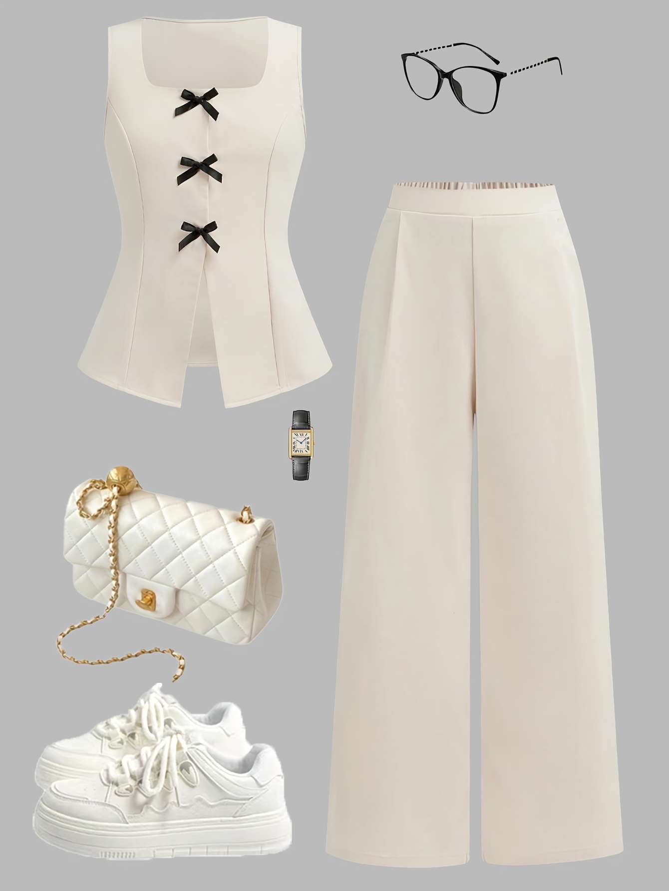 Girls Bow Split Hem Vest Wide Leg Pants 2-Piece Set Spring Summer - 图片 2