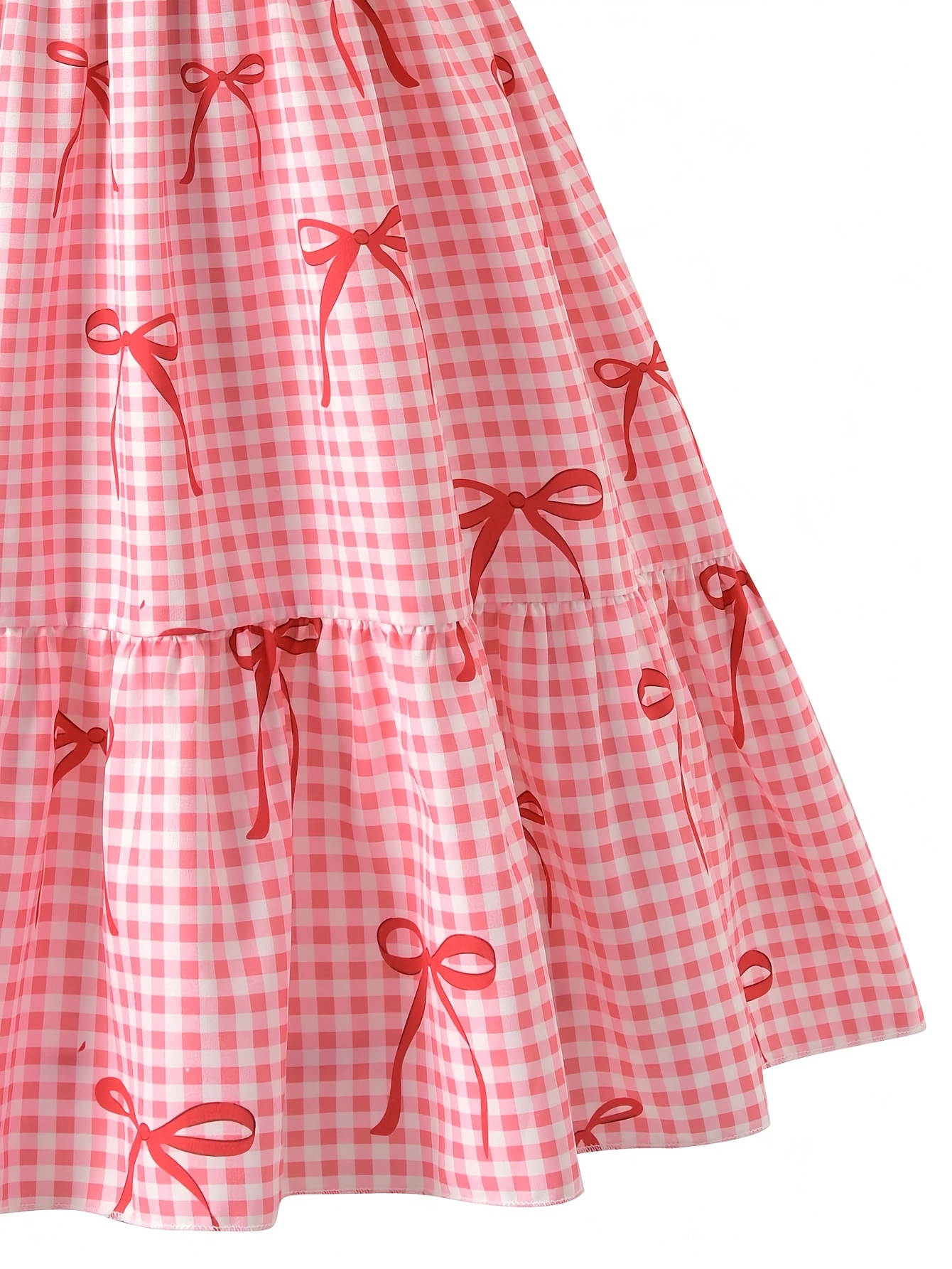 Girls Gingham Bow Puff Sleeve Dress Spring Summer - 图片 5
