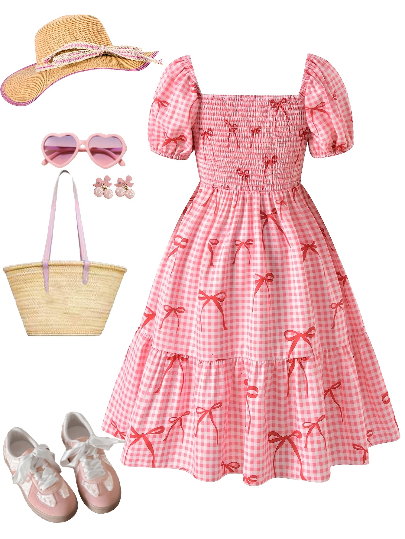 Girls Gingham Bow Puff Sleeve Dress Spring Summer - 图片 3