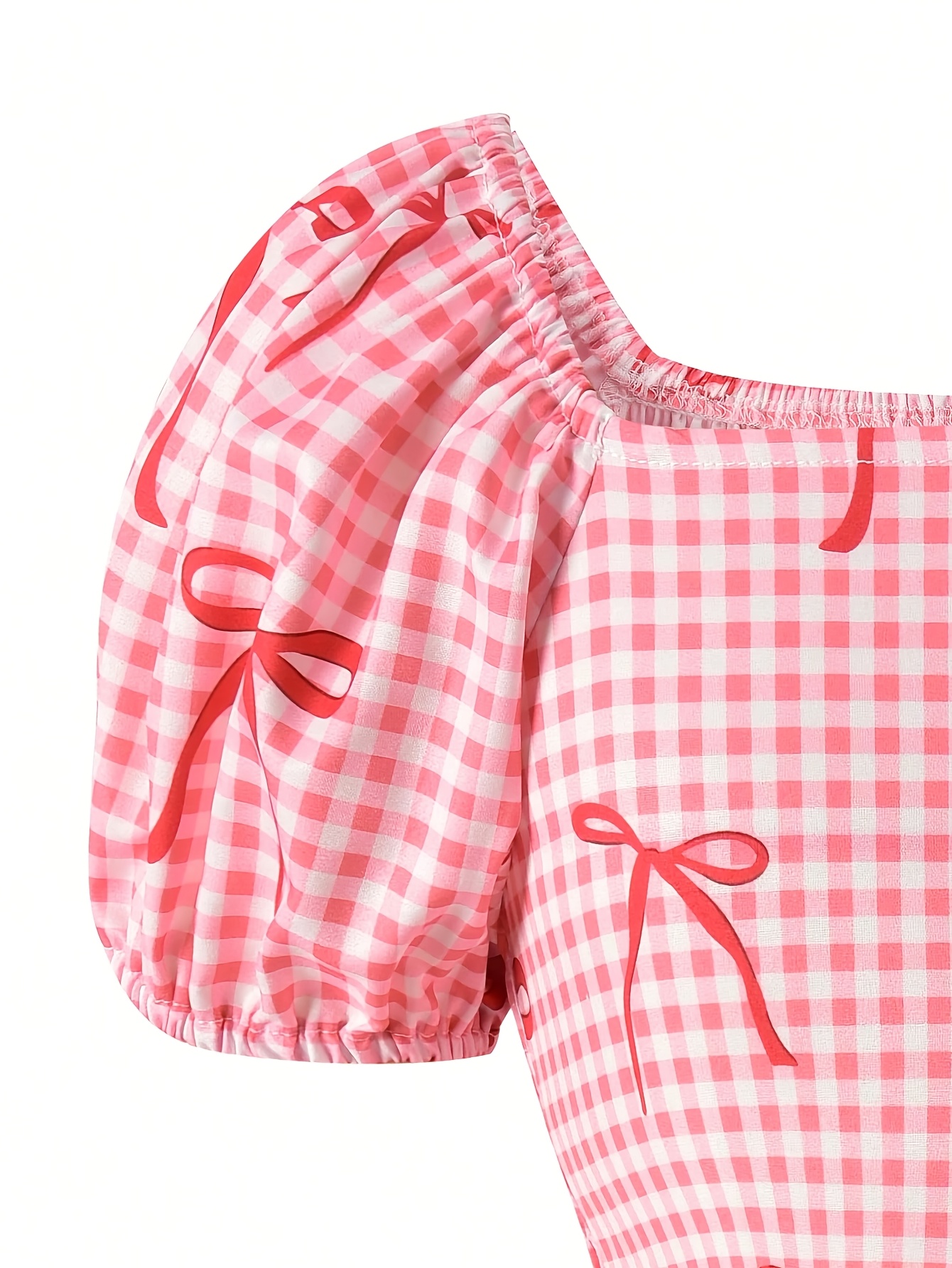 Girls Gingham Bow Puff Sleeve Dress Spring Summer - 图片 4