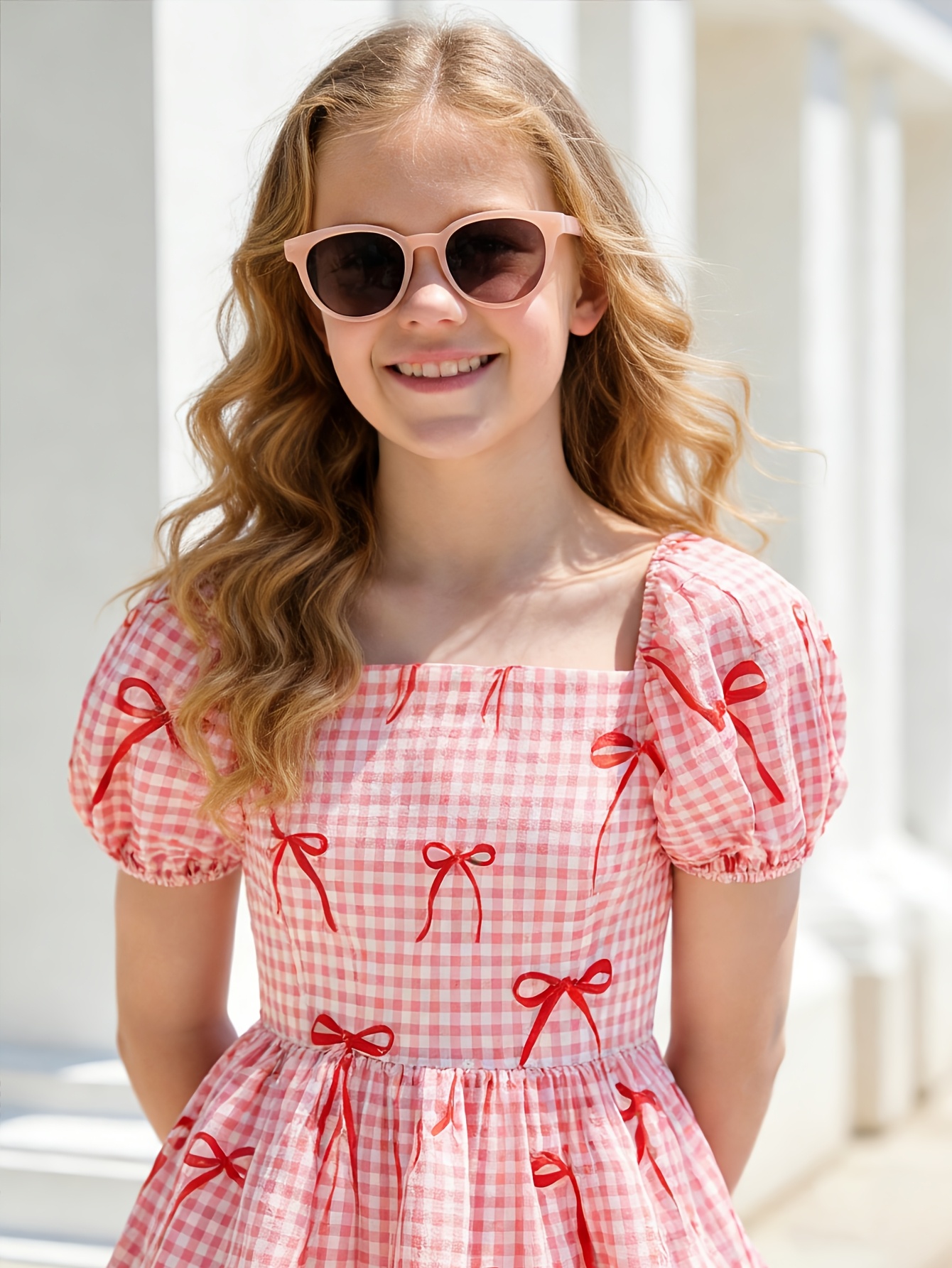 Girls Gingham Bow Puff Sleeve Dress Spring Summer - 图片 6
