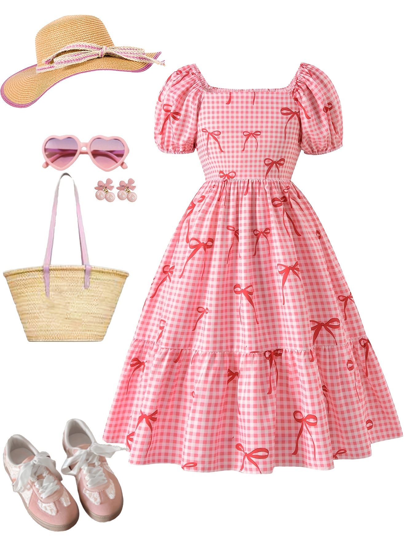 Girls Gingham Bow Puff Sleeve Dress Spring Summer - 图片 2