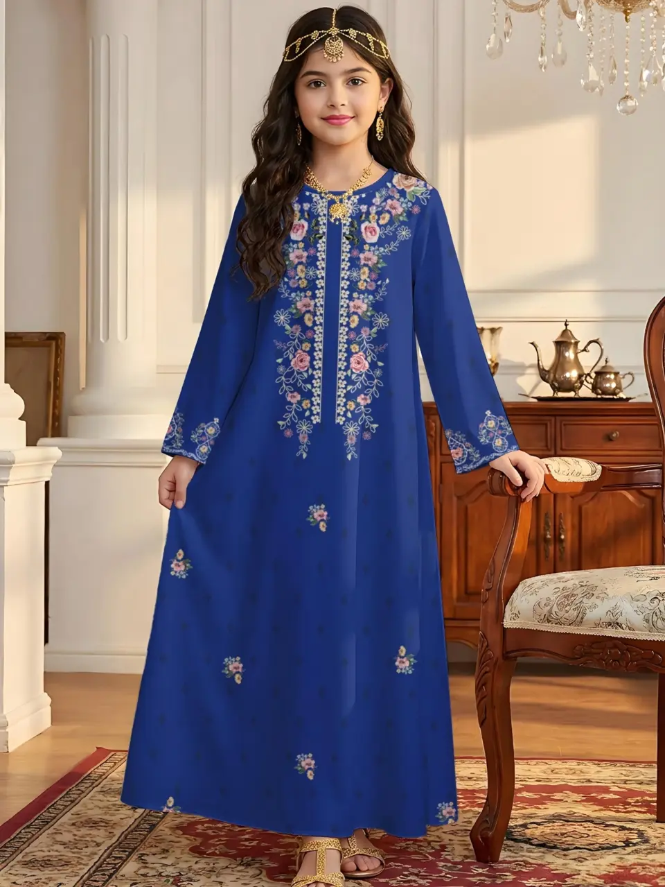 Girls Blue Floral Ramadan Eid Dress, Soft Princess Style Outfit
