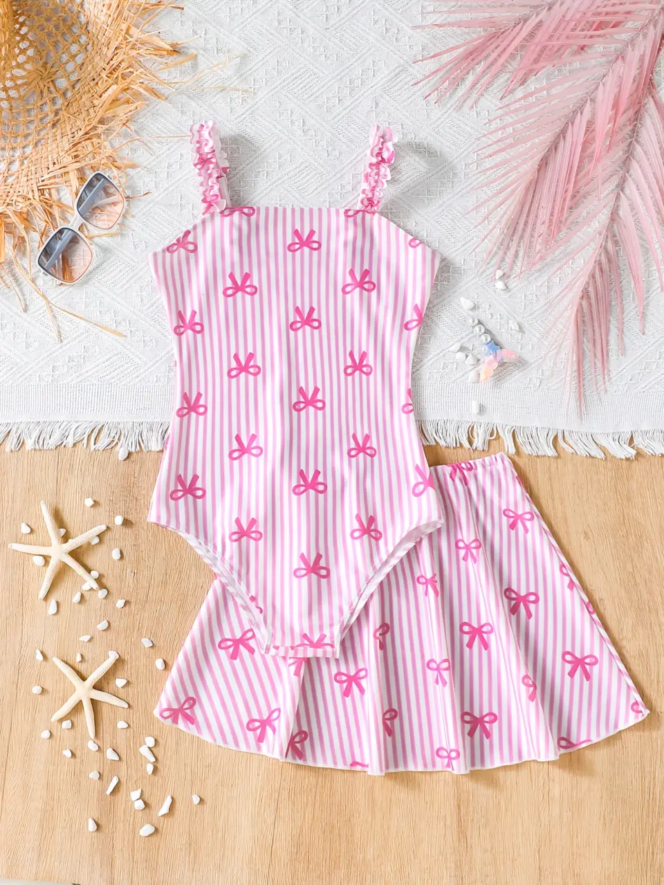 Girls Pink Bow Stripe One-Piece Swimsuit with Skirt