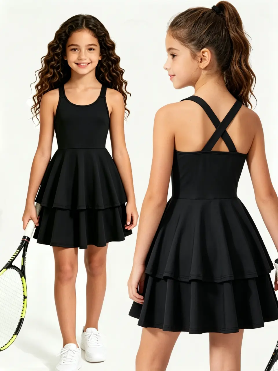 Girls Solid Black Long Dress, Stretch Casual Active Outfit