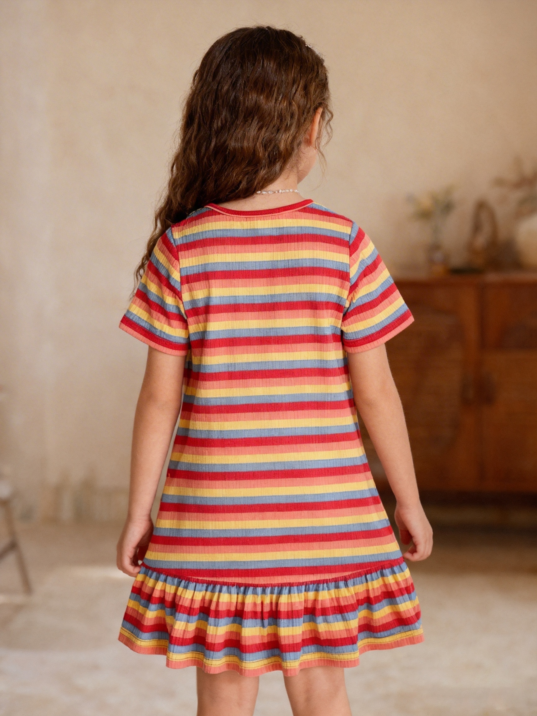 Girls Rainbow Stripe Dress with Embroidery, Spring Summer Outfit - 图片 2