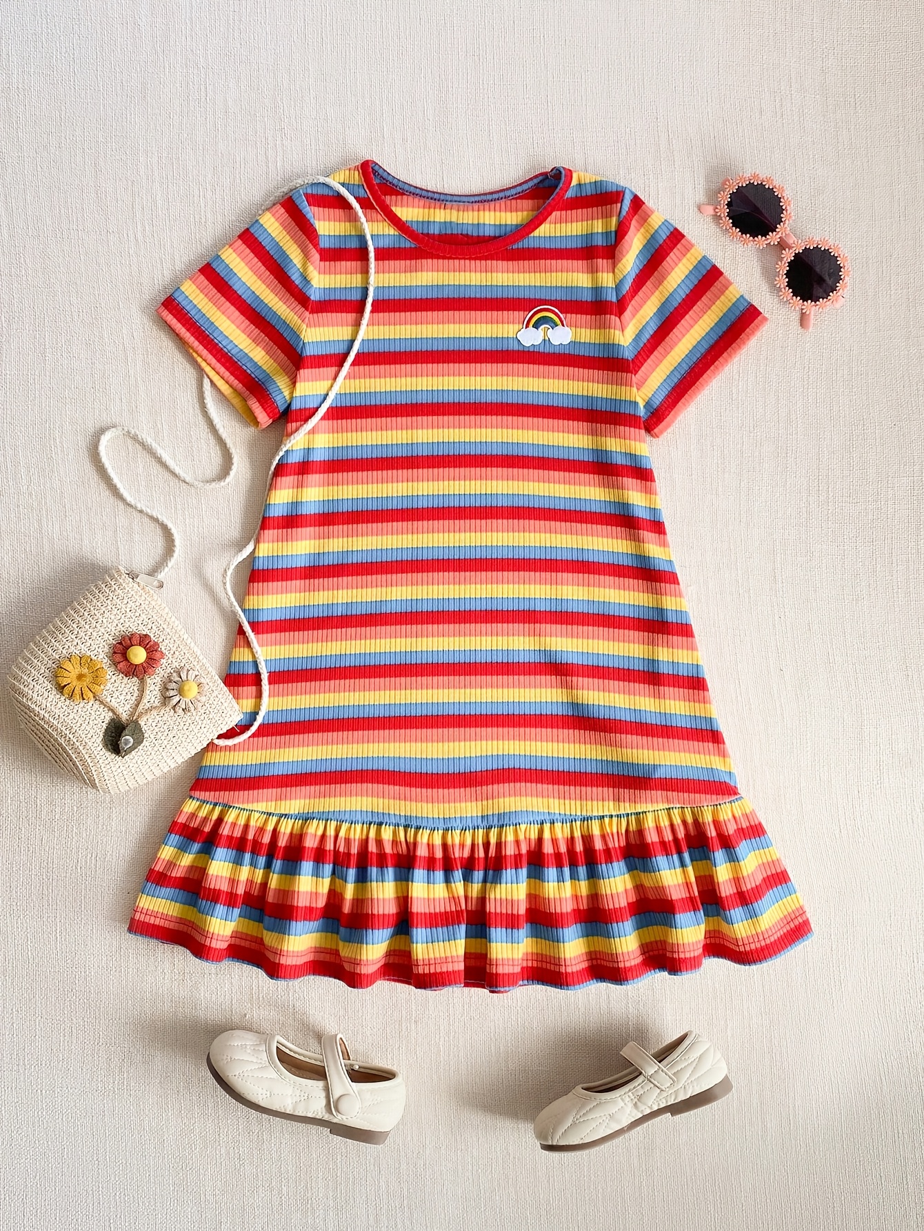 Girls Rainbow Stripe Dress with Embroidery, Spring Summer Outfit - 图片 3