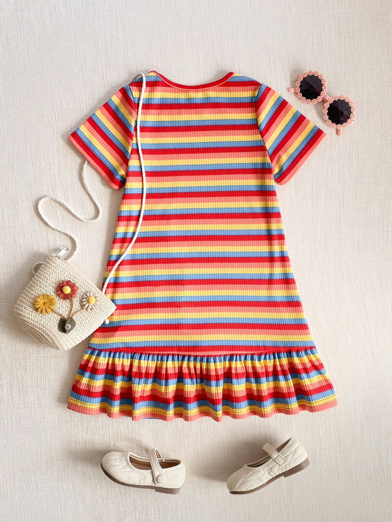 Girls Rainbow Stripe Dress with Embroidery, Spring Summer Outfit - 图片 4