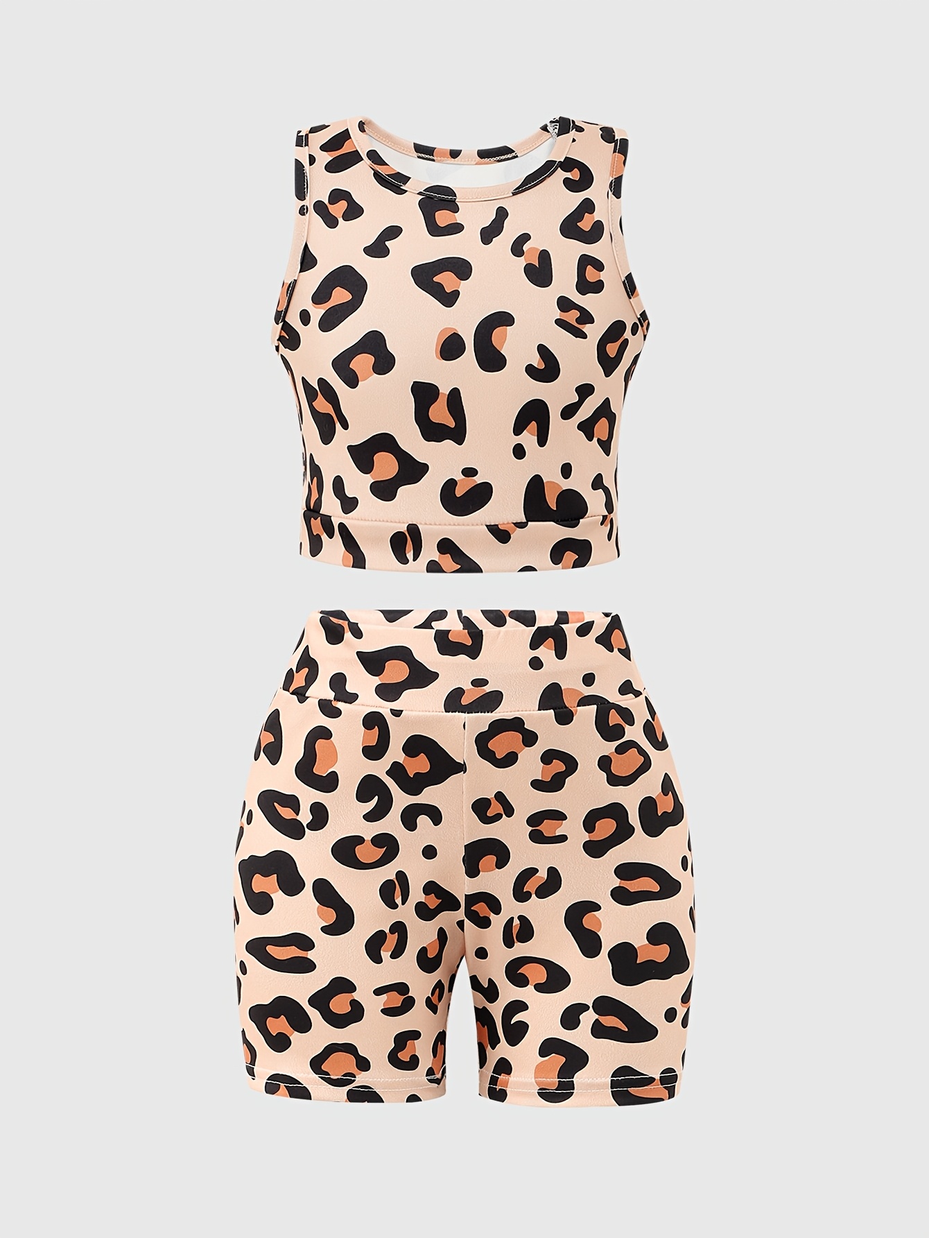 Girls Leopard Print Crop Top and Shorts Set with Open Back - 图片 2