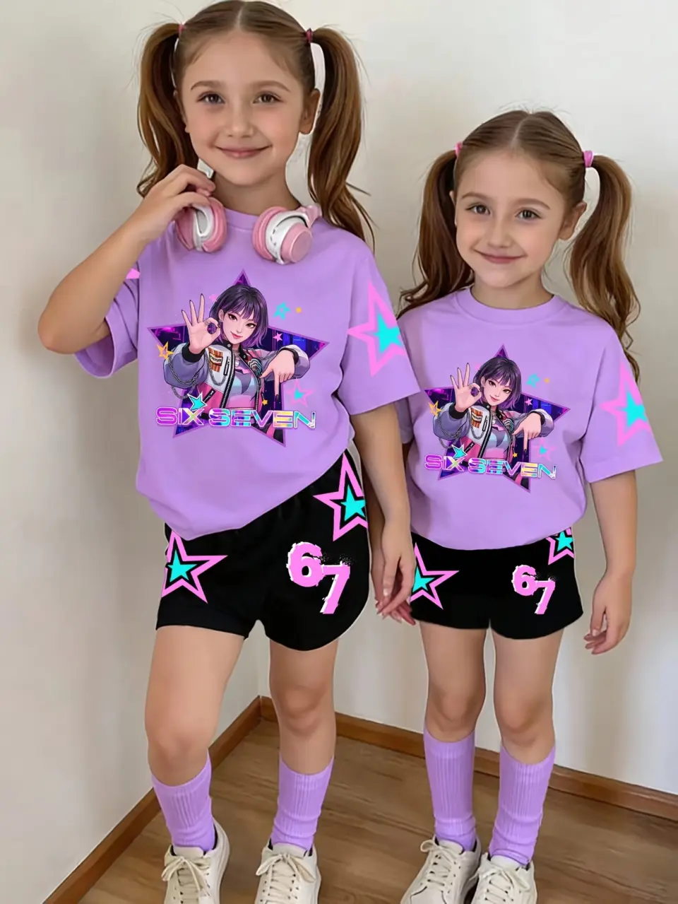 Girls Pop Star Graphic T-Shirt and Shorts 2-Piece Set