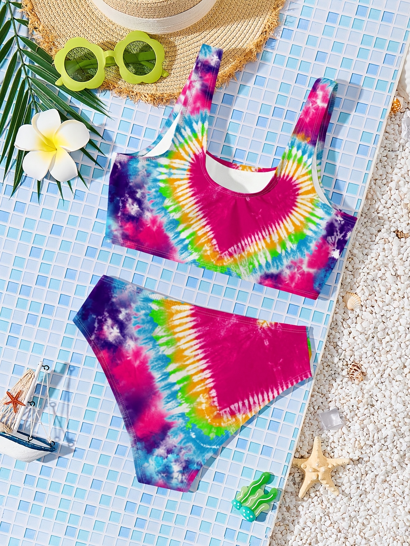 Girls Colorful Heart Print Two-Piece Swimsuit, Tankini Swim Set - 图片 2