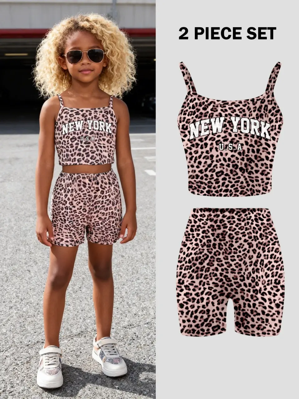 Girls Leopard Letter Cami and Biker Shorts Set