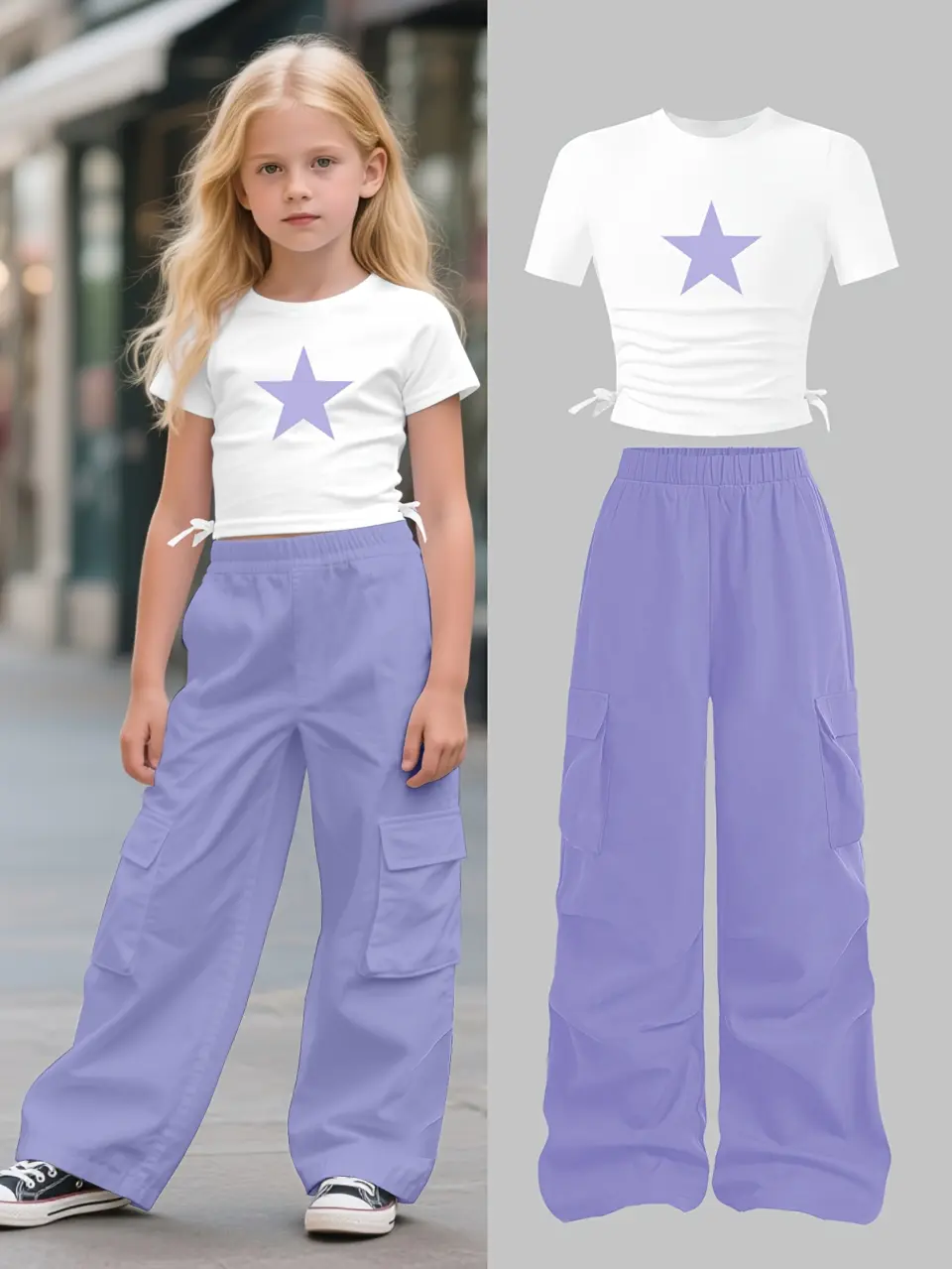 Girls Fitted Waist T-Shirt and Cargo Pants Set