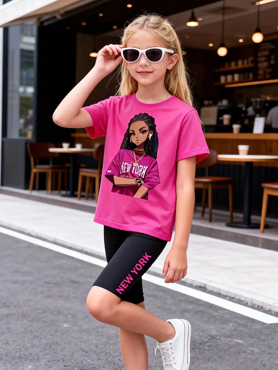 Girls Cartoon Graphic T-Shirt and Biker Shorts Set