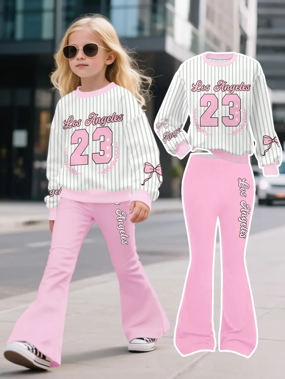 Girls Bow Stripe Sweatshirt and Flare Pants Set