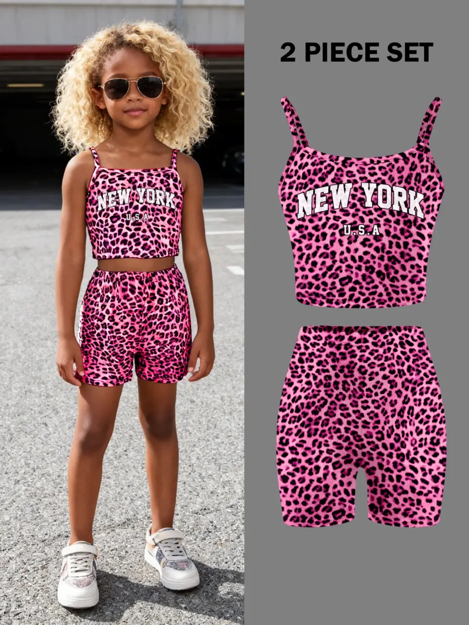 Girls Pink Leopard Cami and Biker Shorts Set