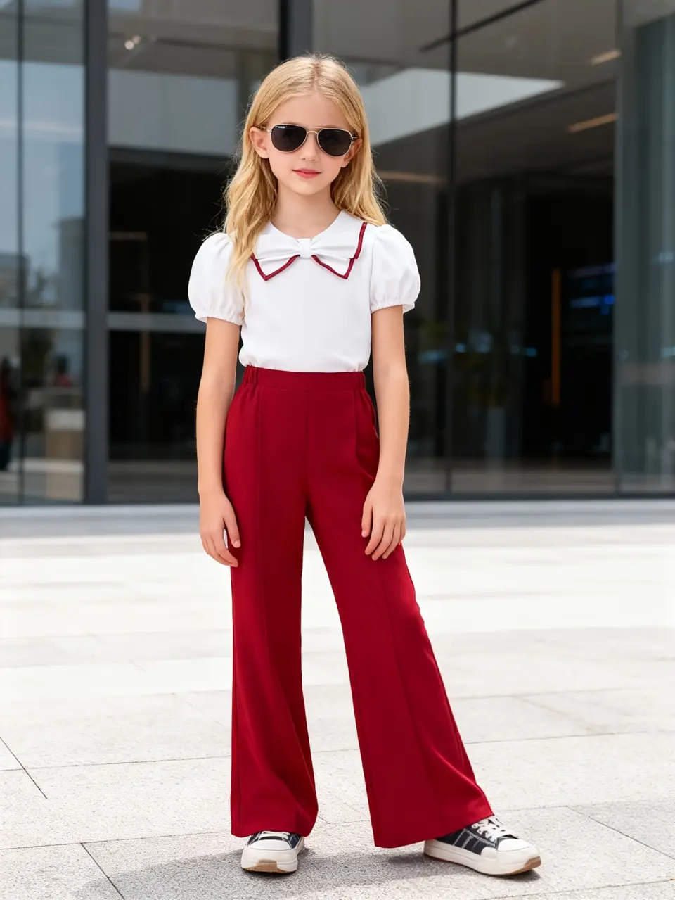 Girls Lace Bow Puff Sleeve Top and Wide Leg Pants Set