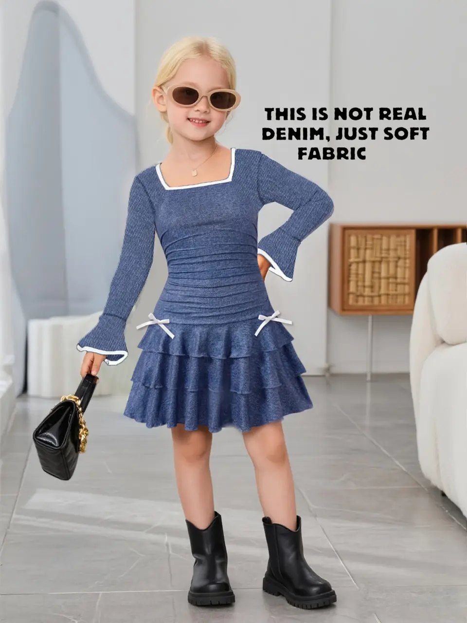 Girls Denim Print Tiered Ruffle Dress with Bow Detail