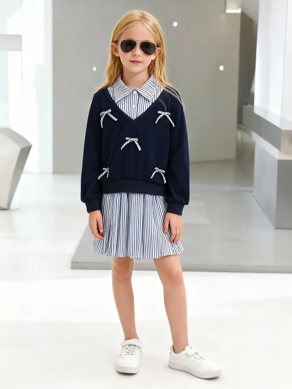 Girls Collared Sweatshirt and Striped Pleated Skirt Set