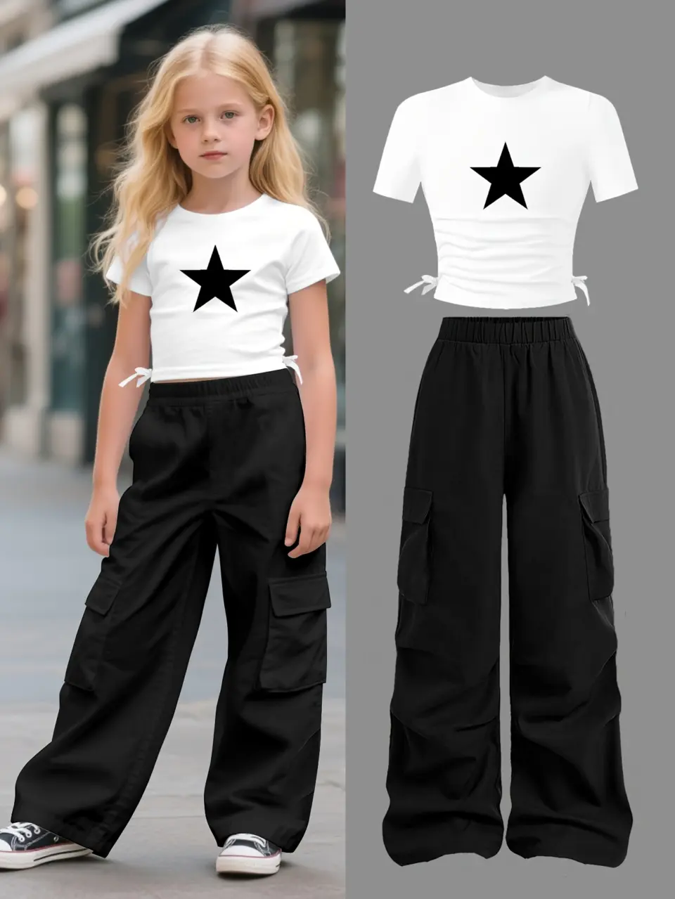 Girls Y2K Waist T-Shirt and Cargo Pants Set