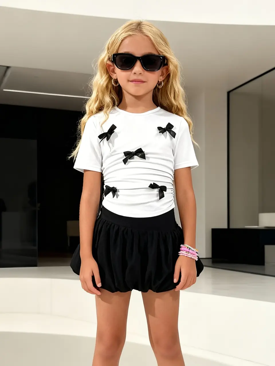 Girls T-Shirt Top and Bow Puff Skort Set