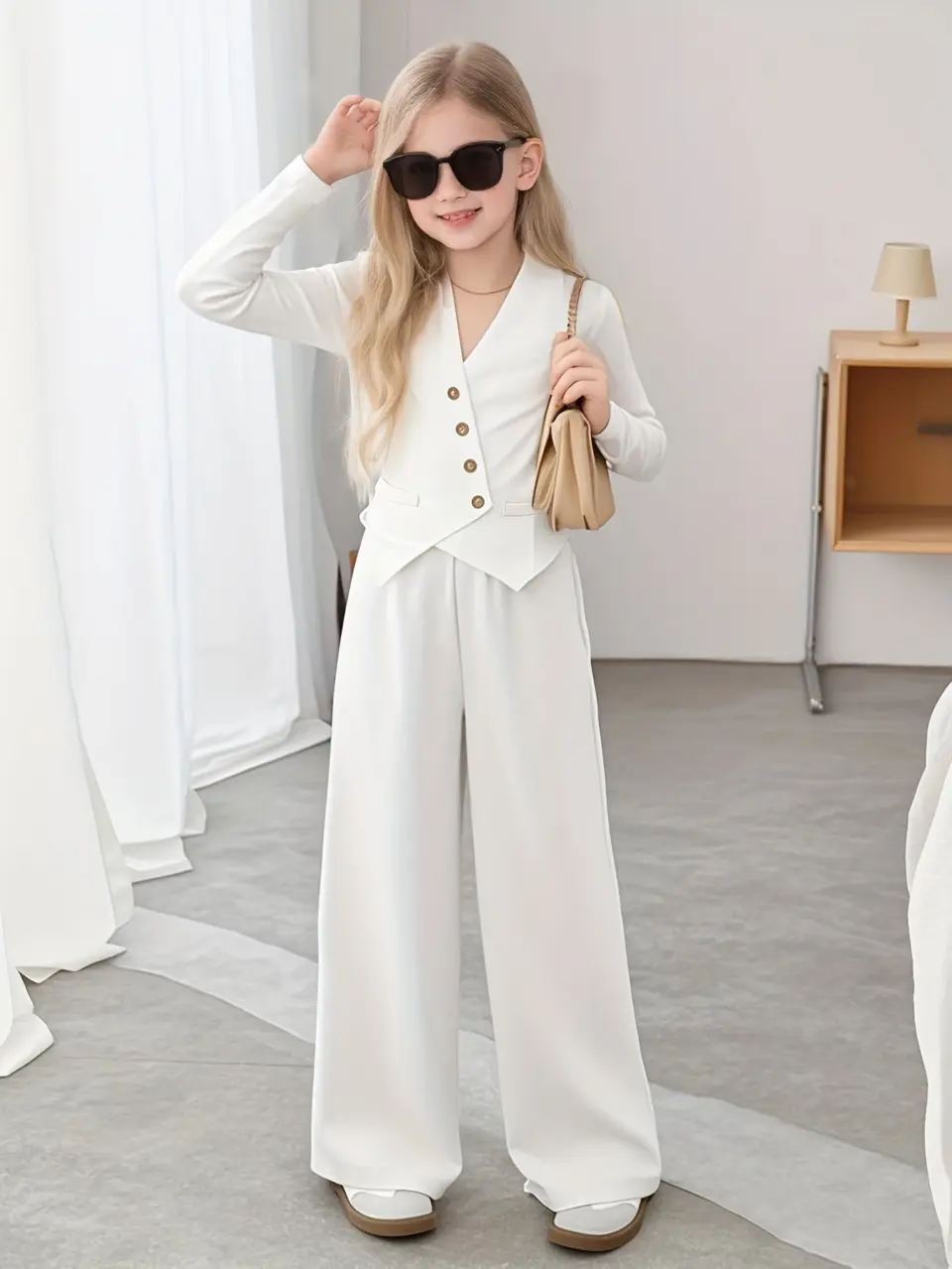 Girls Long Sleeve Blazer and Wide Leg Pants Set with Slanted Buttons