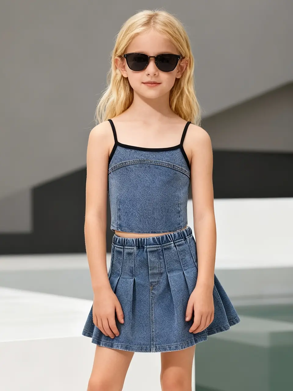 Girls Denim Cami Top and Pleated Skirt Set
