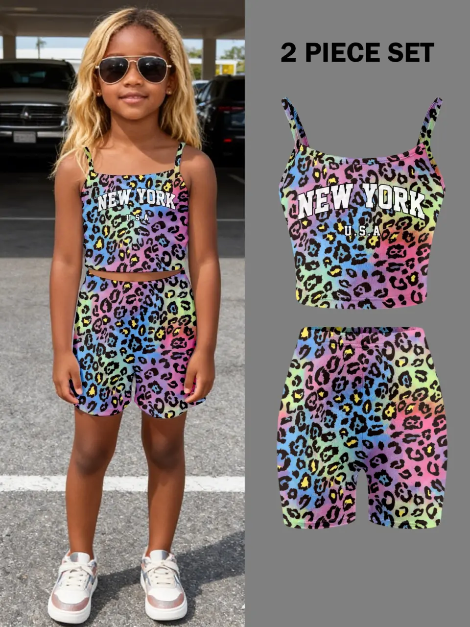 Girls Classic Leopard Letter Tank and Biker Shorts Set