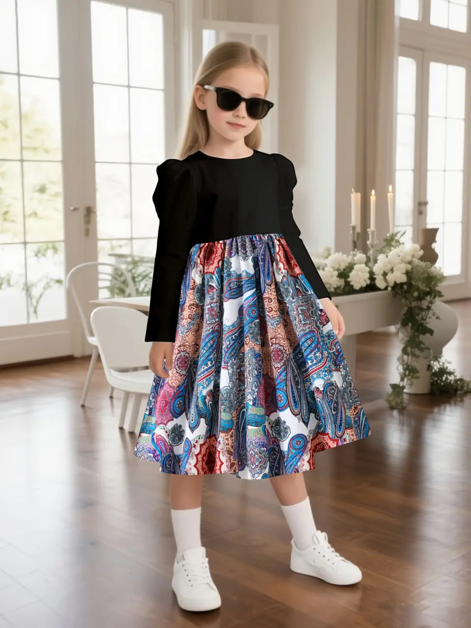 Girls Puff Sleeve Patchwork Print Dress