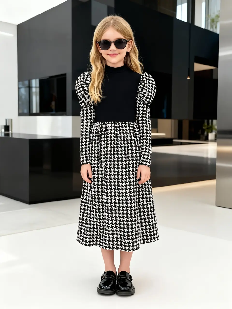 Girls Houndstooth Puff Sleeve Dress