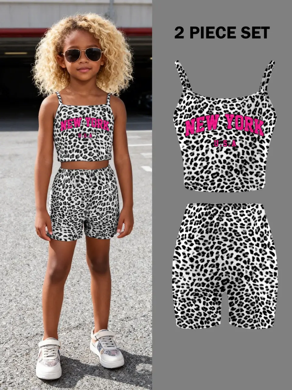 Girls White Leopard Cami and Biker Shorts Set