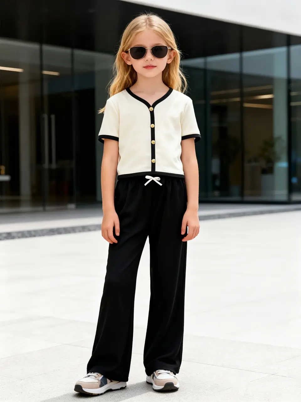 Girls Gold Button Cardigan and Wide Leg Pants Set