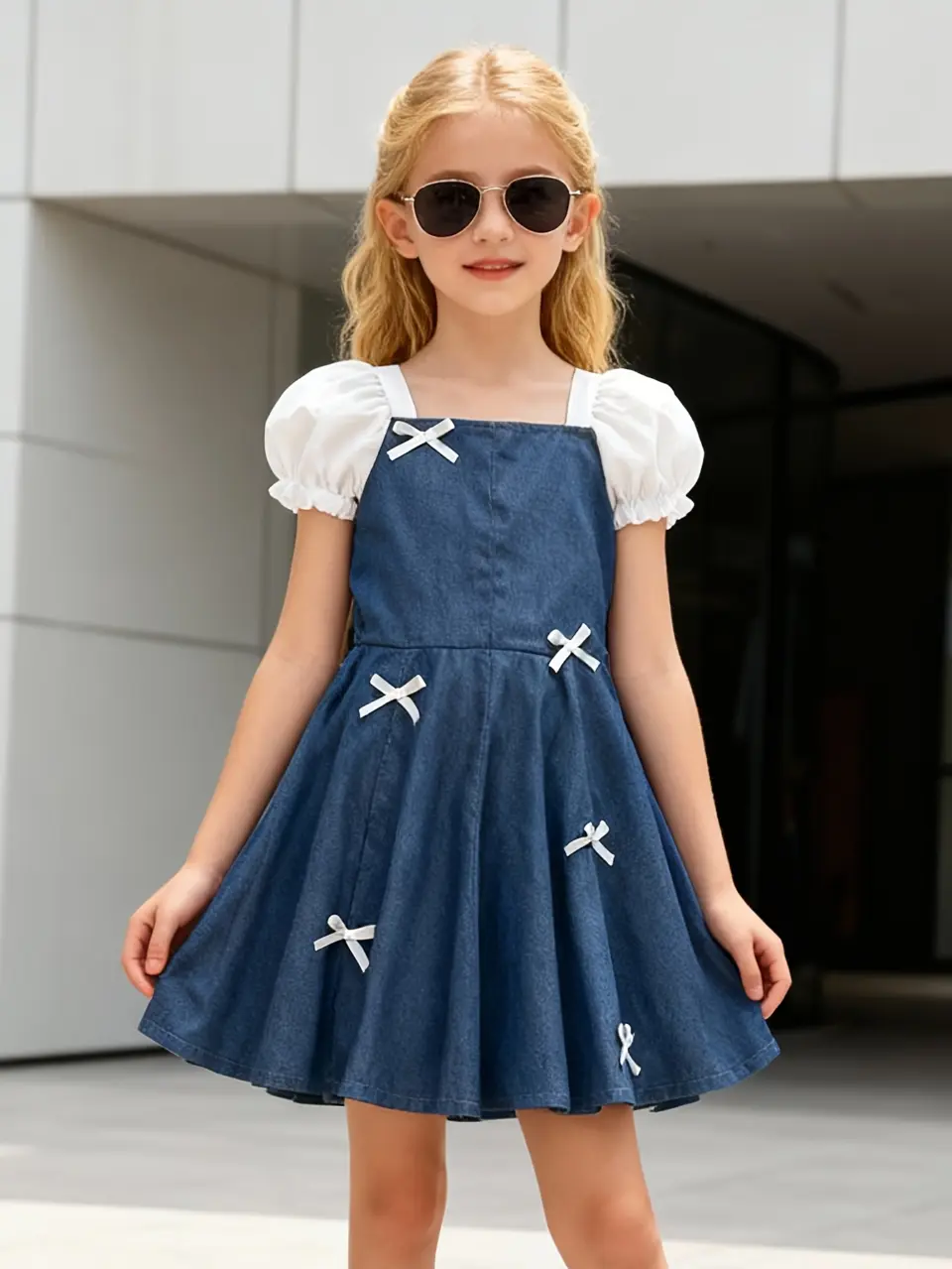 Girls Bow Puff Sleeve Denim Patchwork Dress