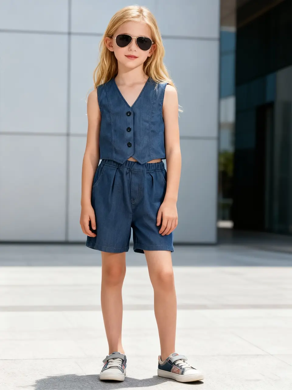 Girls Denim Vest and Pocket Shorts Set